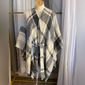 Max Studio Plaid Wrap Cardigan - Gray, Cream, Black